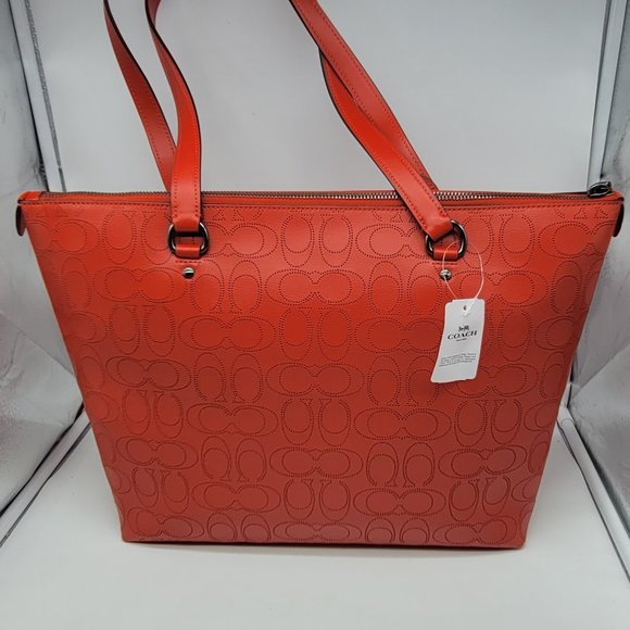 Coach Perforated Signature Leather Gallery Tote 1499 Miami Red - Picture 2 of 9